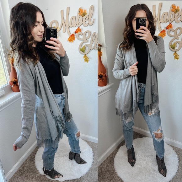 Central Park West western boho Grey tassel open front cardigan size small - Picture 6 of 6